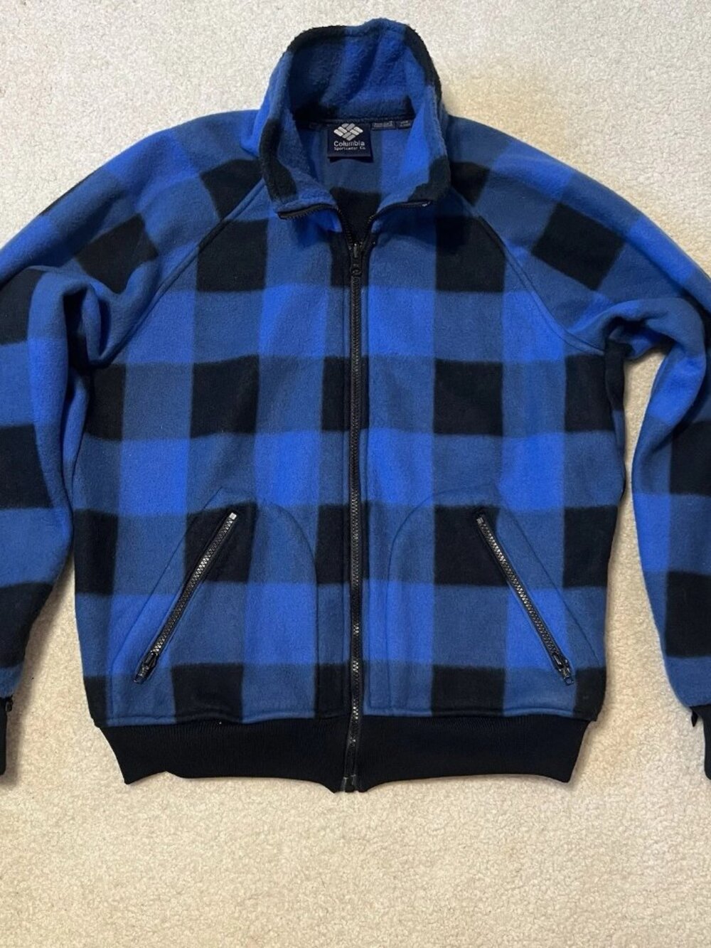 Vintage Columbia Fleece Bomber Jacket Buffalo Plaid Made in USA Blue Black Large